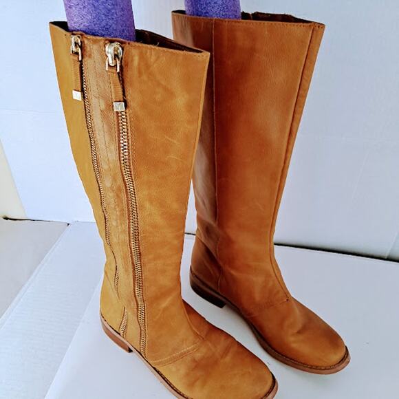 Vintage Tahari Knee Boot 9M Andy Leather Double Zipper  Tall Caramel Brown - Picture 1 of 14